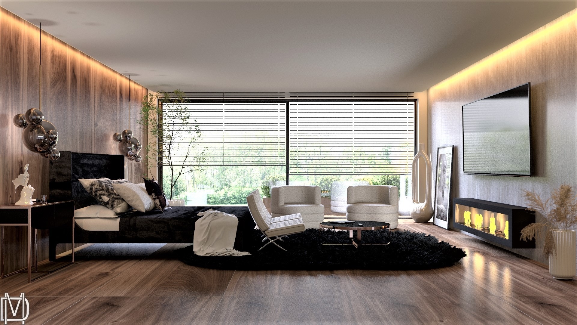 Sypialnia z drewnianymi panelami na ścianie, podłoga naturalne deski i ściana TV z betonu