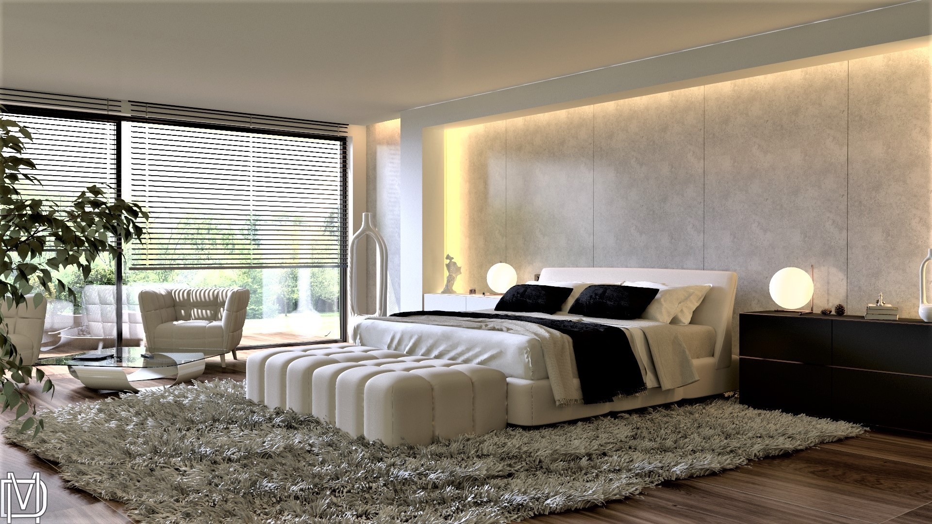 Sypialnia w jasnej kolorystyce, ściana z betonu architektonicznego, białe skórzane łóżko