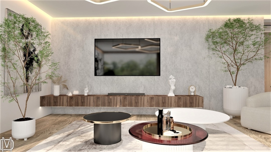 salon z naturalną drewnianą podłogą i ścianą betonową